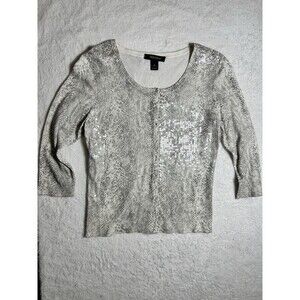 White House Black Market Women's Sz M Sequin Cardigan Snakeskin Gray 3/4 Sleeves